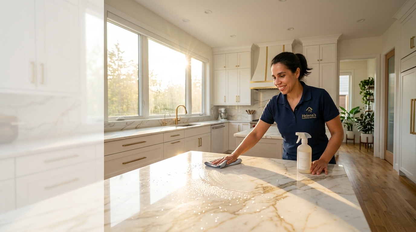 Helena professional cleaning a luxury kitchen island